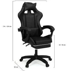 Fauteuil de gaming ALEX réglable avec repose-pied, coussin de tête et coussin lombaire noir