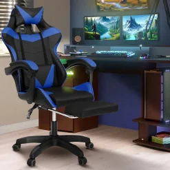 Fauteuil de gaming ALEX réglable avec repose-pied, coussin de tête et coussin lombaire noir et bleu