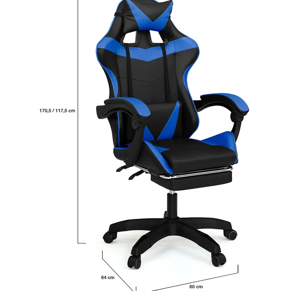 Fauteuil de gaming ALEX réglable avec repose-pied, coussin de tête et coussin lombaire noir et bleu