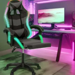 Fauteuil de gaming LED LUC avec repose-pied, coussin de tête et support lombaire noir et gris
