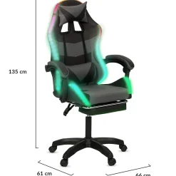 Fauteuil de gaming LED LUC avec repose-pied, coussin de tête et support lombaire noir et gris