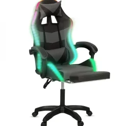 Fauteuil de gaming LED LUC avec repose-pied, coussin de tête et support lombaire noir et gris