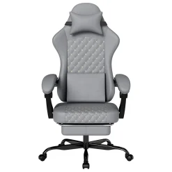 Fauteuil Gamer - Cuir avec Repose-Pieds et Soutien Lombaire, Inclinable Pour Bureau et Ordinateur, Gris