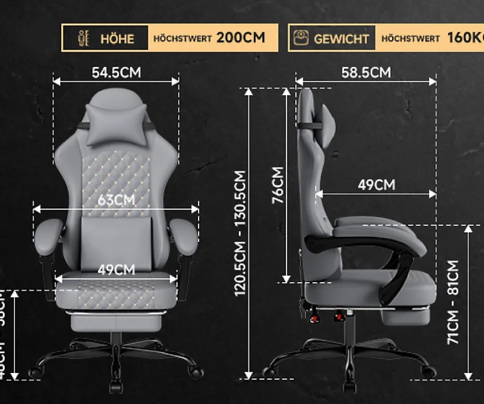 Fauteuil Gamer - Cuir avec Repose-Pieds et Soutien Lombaire, Inclinable Pour Bureau et Ordinateur, Gris