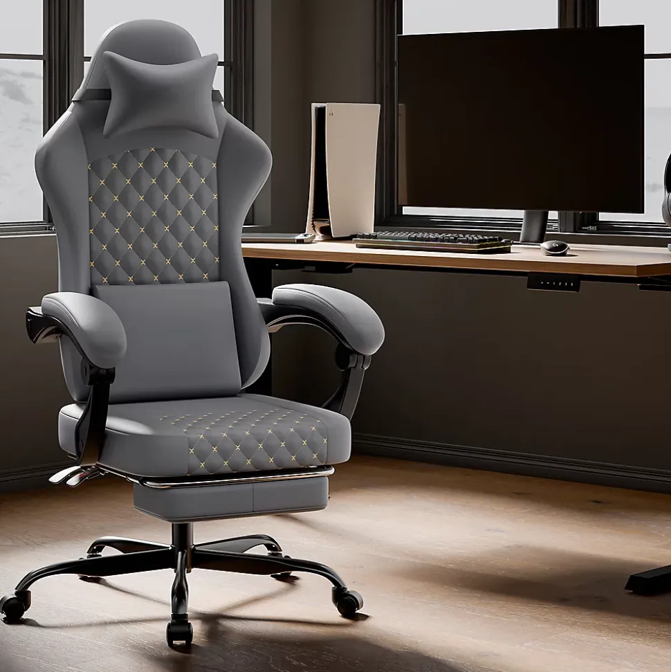 Fauteuil Gamer - Cuir avec Repose-Pieds et Soutien Lombaire, Inclinable Pour Bureau et Ordinateur, Gris