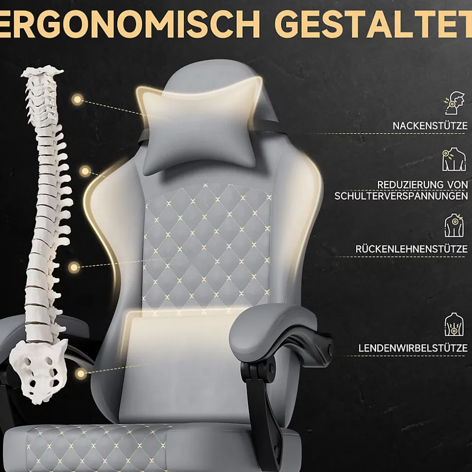 Fauteuil Gamer - Cuir avec Repose-Pieds et Soutien Lombaire, Inclinable Pour Bureau et Ordinateur, Gris