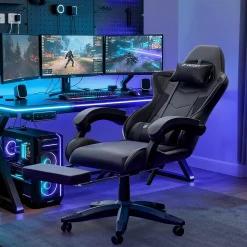Fauteuil gamer ergonomique avec repose-pieds, dossier inclinable et support lombaire