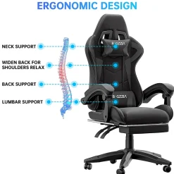 Fauteuil gamer ergonomique avec repose-pieds, dossier inclinable et support lombaire