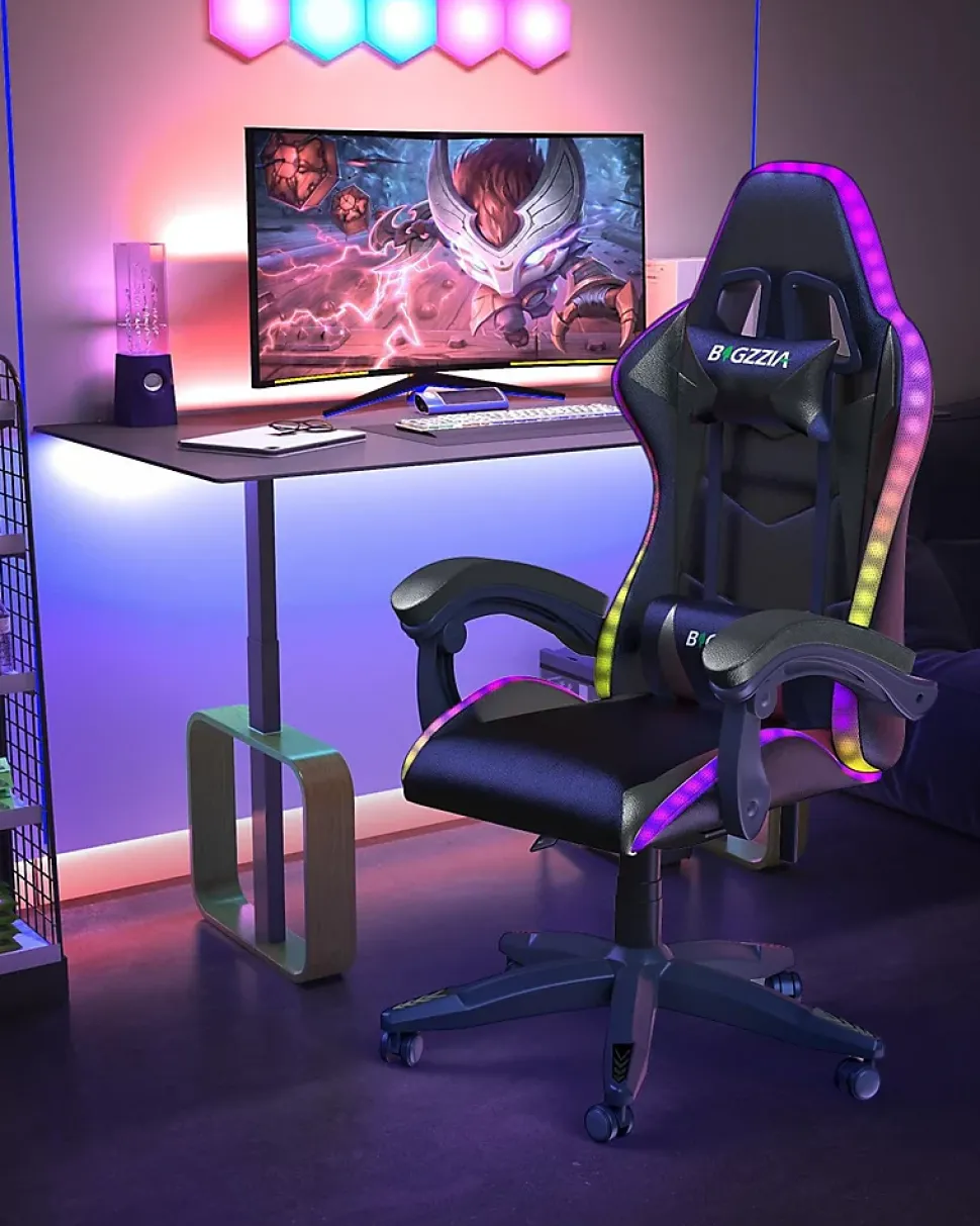 Fauteuil gamer LED RGB ergonomique en similicuir avec support lombaire réglable