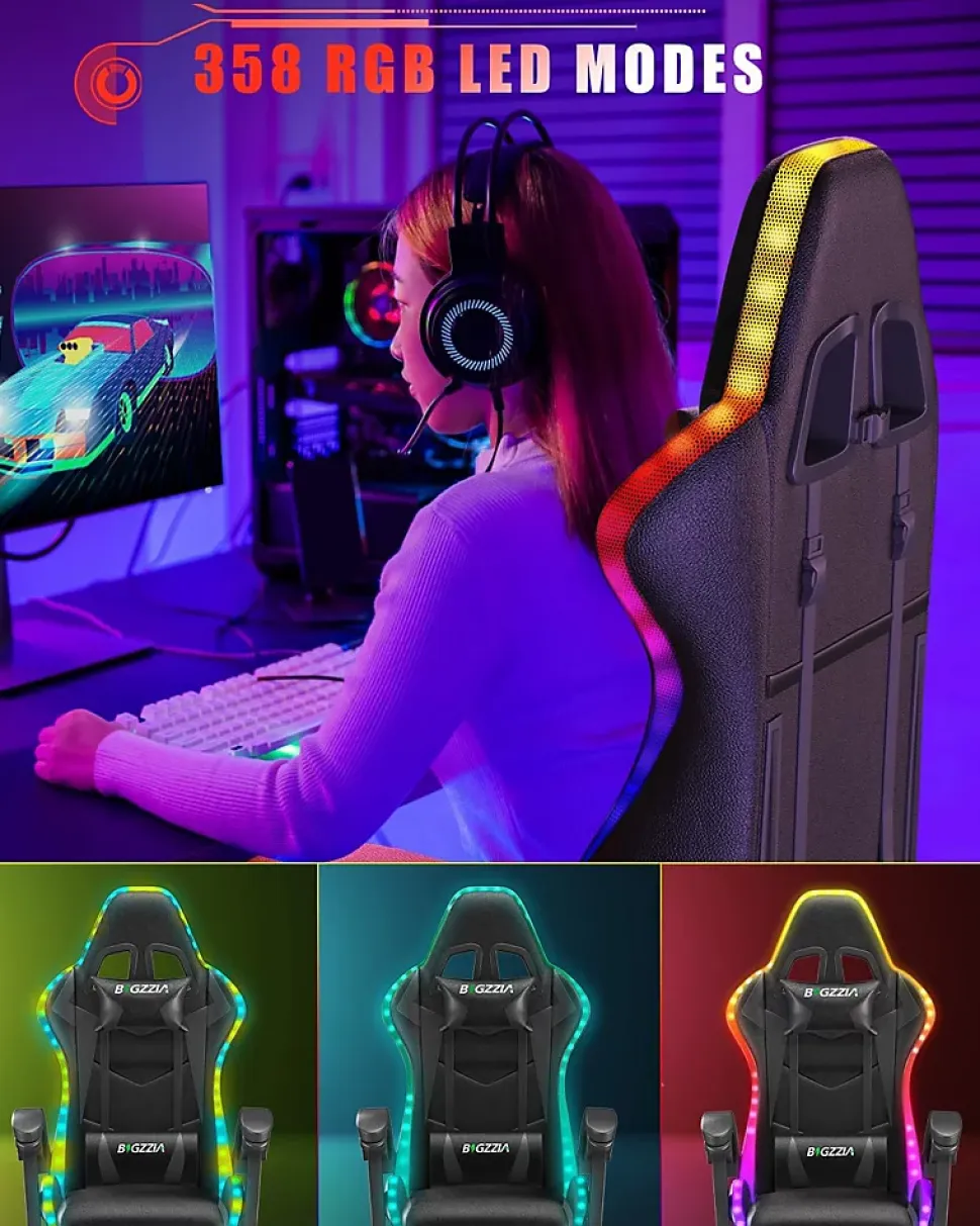 Fauteuil gamer LED RGB ergonomique en similicuir avec support lombaire réglable