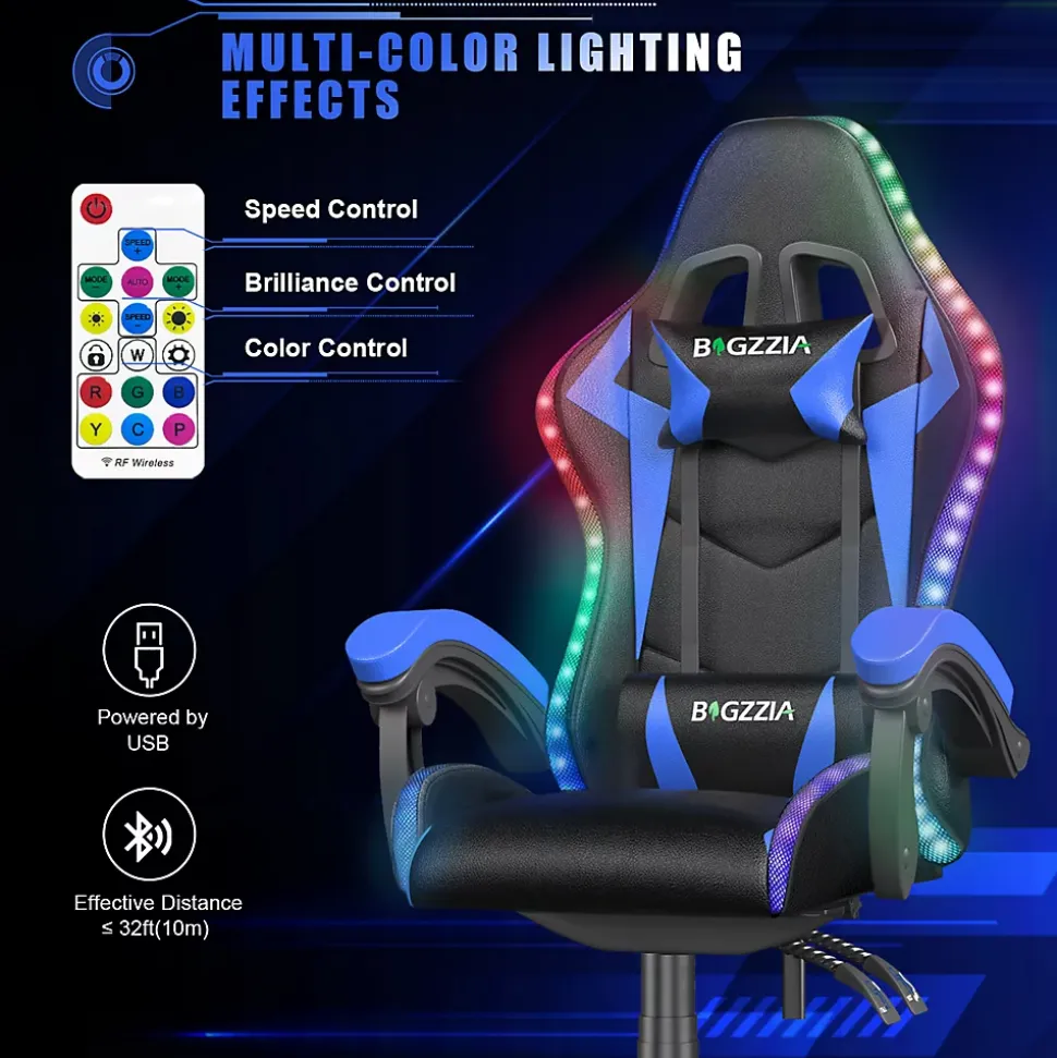 Fauteuil gamer LED RGB ergonomique en similicuir avec support lombaire réglable