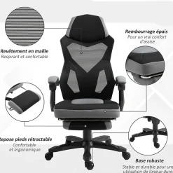 Fauteuil gaming chaise gamer dossier et hauteur réglable roulettes pivotantes repose-pied tissu maille gris noir
