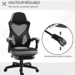 Fauteuil gaming chaise gamer dossier et hauteur réglable roulettes pivotantes repose-pied tissu maille gris noir