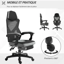 Fauteuil gaming chaise gamer dossier et hauteur réglable roulettes pivotantes repose-pied tissu maille gris noir