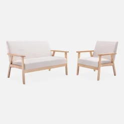 Fauteuil scandinave en bois et tissu crème. Isak. L 64 x P 69.5 x H 73cm
