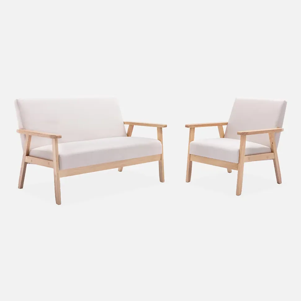 Fauteuil scandinave en bois et tissu crème. Isak. L 64 x P 69.5 x H 73cm