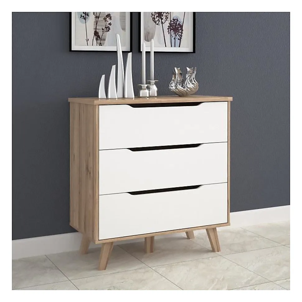 FINLANDEK Commode de chambre VANKKA scandinave decor chene et blanc mat + pieds en bois massif - L 80 cm