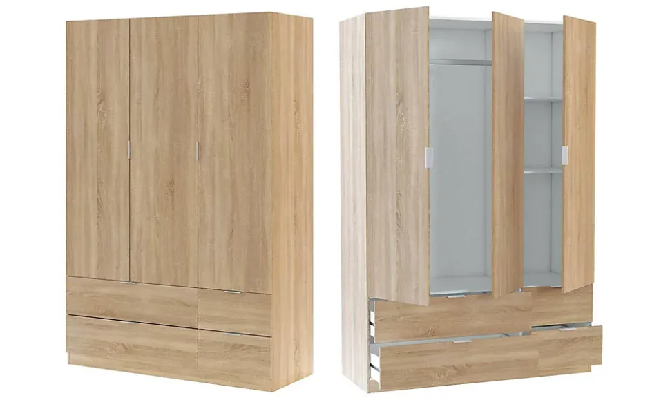 Garde-robe 3 portes Ababala, Armoire de chambre avec 3 portes et 2 tiroirs, Armoire à vêtements, 135x52h200 cm, Chêne