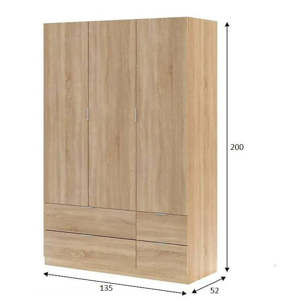Garde-robe 3 portes Ababala, Armoire de chambre avec 3 portes et 2 tiroirs, Armoire à vêtements, 135x52h200 cm, Chêne