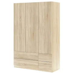Garde-robe 3 portes Ababala, Armoire de chambre avec 3 portes et 2 tiroirs, Armoire à vêtements, 135x52h200 cm, Chêne