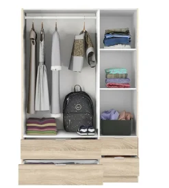 Garde-robe 3 portes Ababala, Armoire de chambre avec 3 portes et 2 tiroirs, Armoire à vêtements, 135x52h200 cm, Chêne