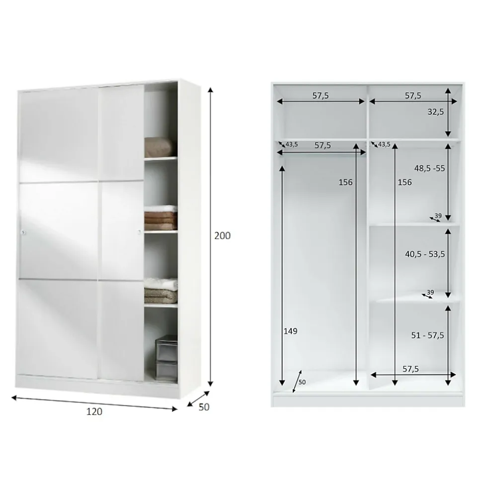 Garde-robe 2 portes Adrenalin, Armoire de chambre, Armoire avec 4 étagères et tringle à vêtements, 120x50h200 cm, Blanc