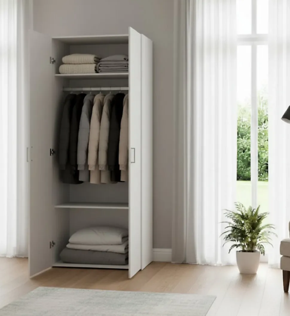 Garde-robe 2 portes Alibabba, Meubles de chambre, Penderie de plain-pied, Placard à vêtements, 77x49 h175 cm, Blanc