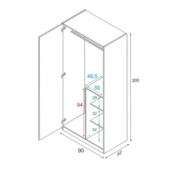 Garde-robe 2 portes Alpine, armoire de chambre, meuble avec 3 étagères et tringle à vêtements, 90x52h200 cm, chêne noueux et blanc