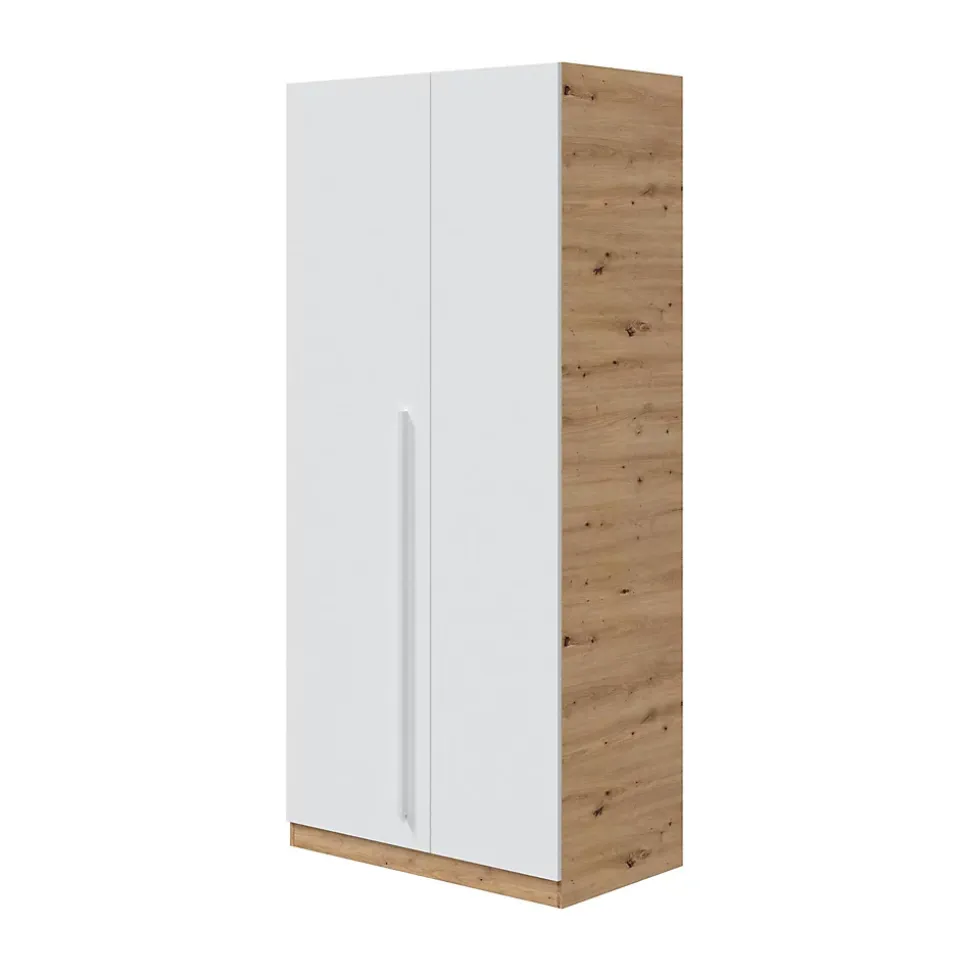 Garde-robe 2 portes Alpine, armoire de chambre, meuble avec 3 étagères et tringle à vêtements, 90x52h200 cm, chêne noueux et blanc