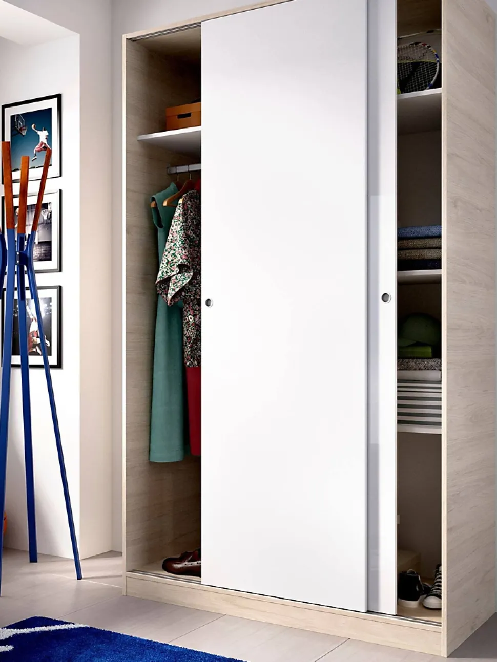 Garde-robe 2 portes Alyson, Cintre pour chambre à coucher, Armoire à portes coulissantes, 120x50h204 cm, Blanc et Chêne