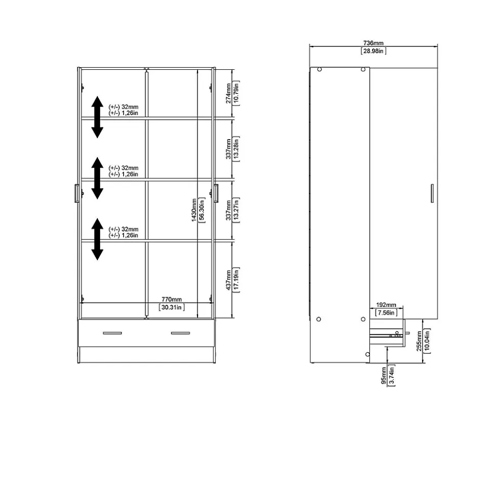 Garde-robe 2 portes Amylya, Meubles de chambre, Penderie de plain-pied, Placard à vêtements, 79x36 h170 cm, Blanc
