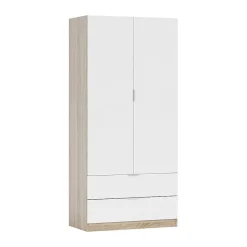 Garde-robe 2 portes Appadu, armoire de chambre 2 tiroirs, Armoire avec tringle à vêtements, 82x52h180 cm, Blanc et Chêne
