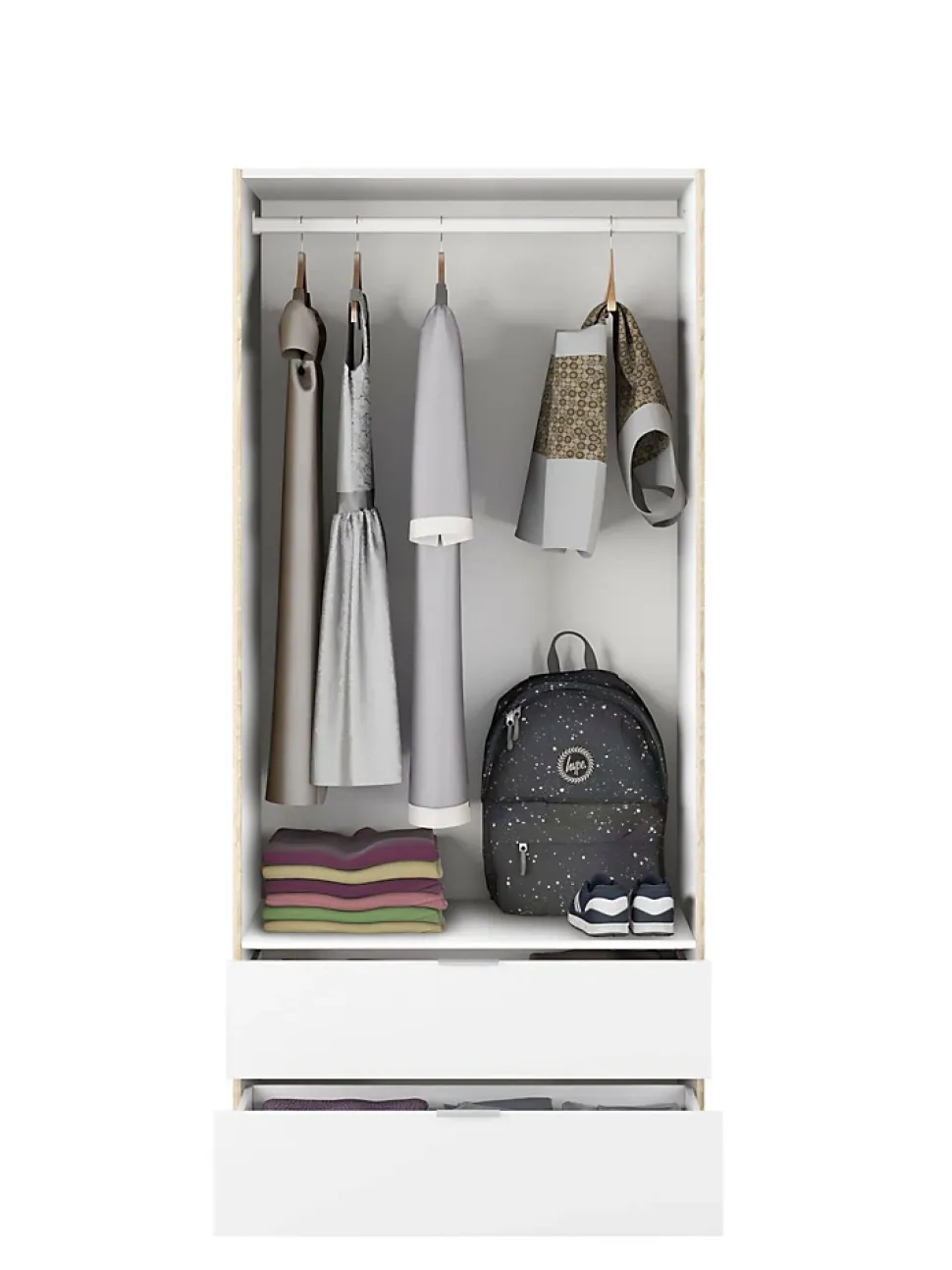 Garde-robe 2 portes Appadu, armoire de chambre 2 tiroirs, Armoire avec tringle à vêtements, 82x52h180 cm, Blanc et Chêne