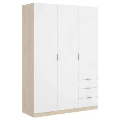 Garde-robe 3 portes Astru, Cintre pour chambre, armoire 3 tiroirs, 121x52h184 cm, Blanc et Chêne
