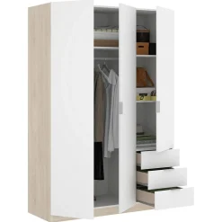 Garde-robe 3 portes Astru, Cintre pour chambre, armoire 3 tiroirs, 121x52h184 cm, Blanc et Chêne