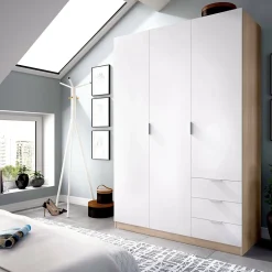 Garde-robe 3 portes Astru, Cintre pour chambre, armoire 3 tiroirs, 121x52h184 cm, Blanc et Chêne
