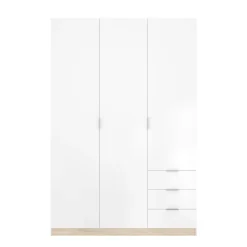 Garde-robe 3 portes Astru, Cintre pour chambre, armoire 3 tiroirs, 121x52h184 cm, Blanc et Chêne