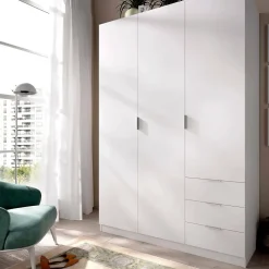 Garde-robe 3 portes Astru, Cintre pour chambre, armoire 3 tiroirs, 121x52h184 cm, Blanc