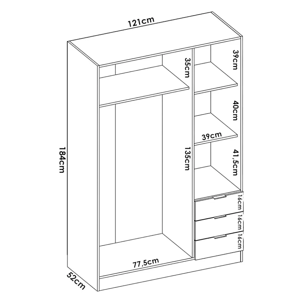 Garde-robe 3 portes Astru, Cintre pour chambre, armoire 3 tiroirs, 121x52h184 cm, Blanc