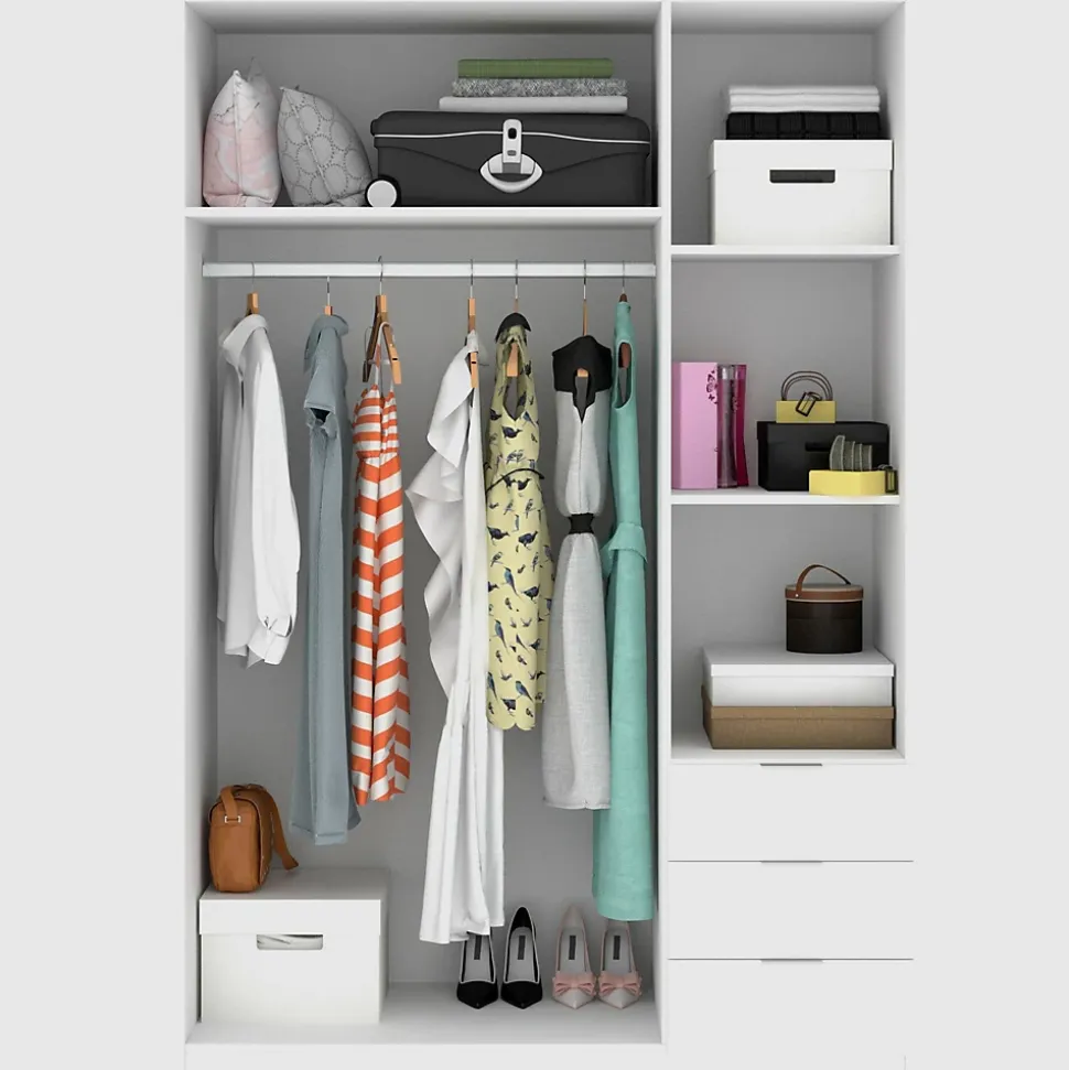 Garde-robe 3 portes Astru, Cintre pour chambre, armoire 3 tiroirs, 121x52h184 cm, Blanc