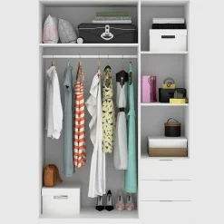 Garde-robe 3 portes Astru, Cintre pour chambre, armoire 3 tiroirs, 121x52h184 cm, Blanc