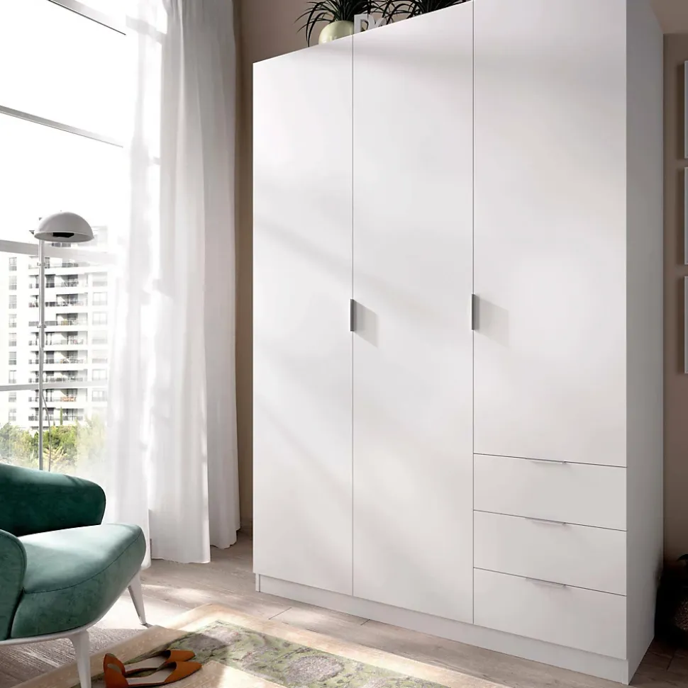 Garde-robe 3 portes Astru, Cintre pour chambre, armoire 3 tiroirs, 121x52h184 cm, Blanc