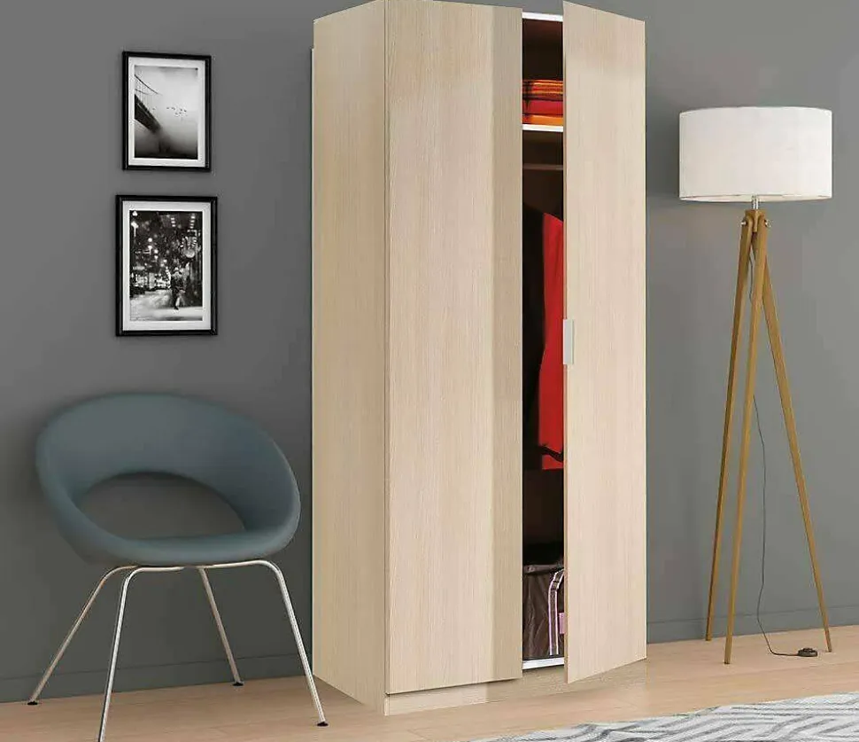 Garde-robe 2 portes Avik, Armoire de chambre, Meubles de chambre avec 1 étagère et tringle à vêtements, 82x52h180 cm, Chêne