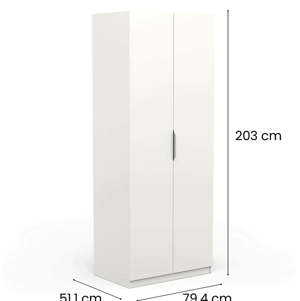 Garde-robe 2 portes Fioretta, Meubles de chambre, Penderie de plain-pied, Placard à vêtements, 79x51 h203 cm, Blanc mat