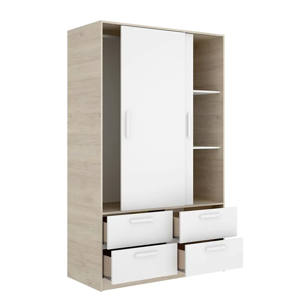 Garde-robe 2 portes Kirogi, Meubles de chambre, Penderie de plain-pied, Placard à vêtements, 120x60 h204 cm, Blanc et Chêne clair