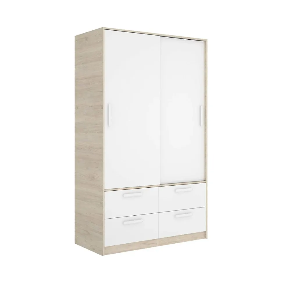 Garde-robe 2 portes Kirogi, Meubles de chambre, Penderie de plain-pied, Placard à vêtements, 120x60 h204 cm, Blanc et Chêne clair