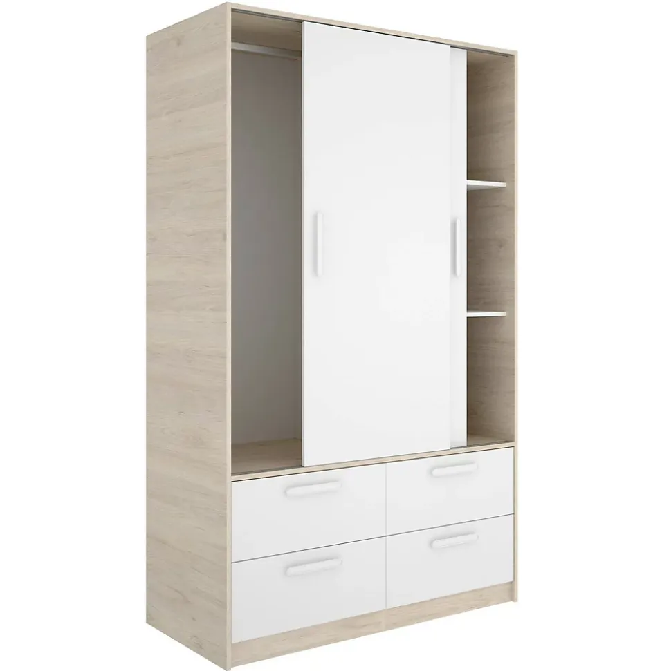 Garde-robe 2 portes Kirogi, Meubles de chambre, Penderie de plain-pied, Placard à vêtements, 120x60 h204 cm, Blanc et Chêne clair