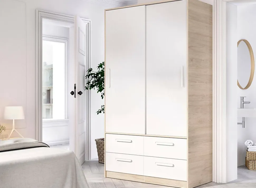 Garde-robe 2 portes Kirogi, Meubles de chambre, Penderie de plain-pied, Placard à vêtements, 120x60 h204 cm, Blanc et Chêne clair