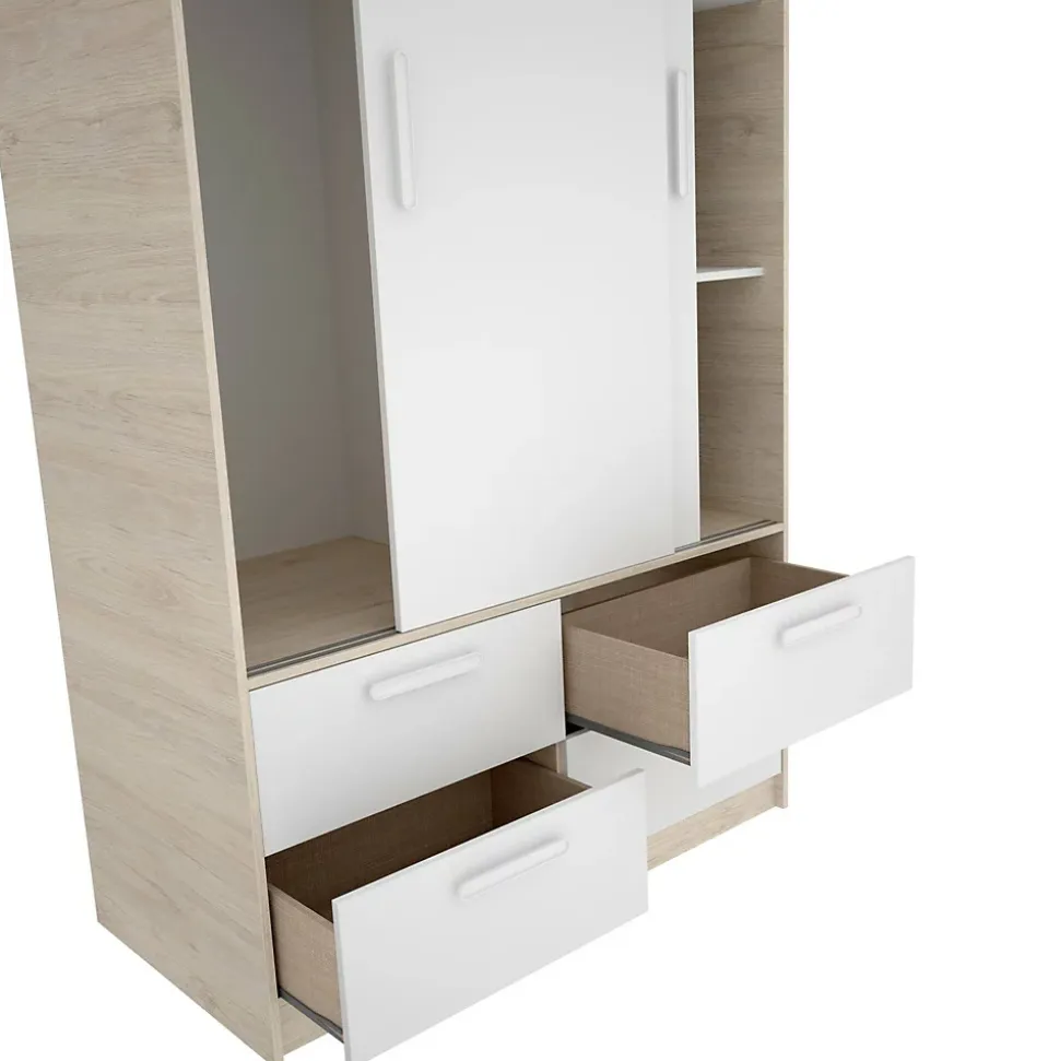 Garde-robe 2 portes Kirogi, Meubles de chambre, Penderie de plain-pied, Placard à vêtements, 120x60 h204 cm, Blanc et Chêne clair