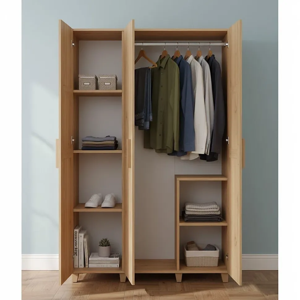 Garde-robe 3 portes Nella, Meubles de chambre, Penderie de plain-pied, Placard à vêtements, 120x48h189 cm, Chêne